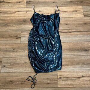 Cinq a Sept Shiny Astrid Mini Dress SZ 12 Teal Topaz Ruched Side Zip Adjustable